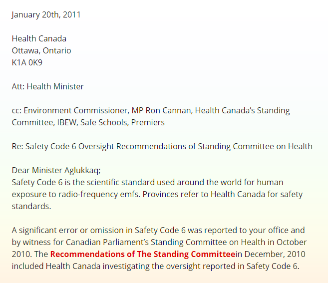 Health Canada Not Reporting Error or Omission in Safety Code 6 or Recommendations of Committee1