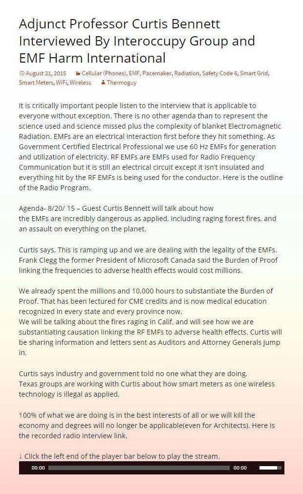 Adjunct Professor Curtis Bennett Interviewed By Interoccupy Group and EMF Harm International
