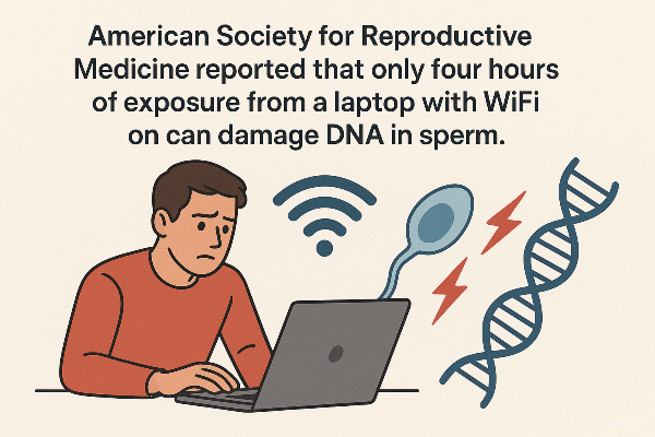American Society for Reproductive Medicine reported that only four hours of exposure from a laptop with WiFi on can damage DNA in sperm