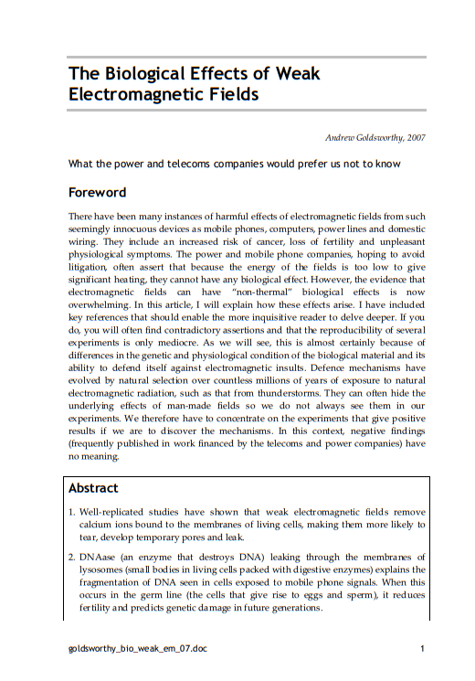 The Biological Effects of Weak Electromagnetic Fields, p1
