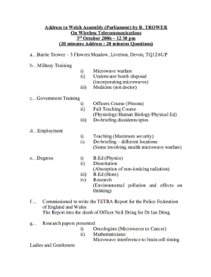 Address to Welsh Assembly (Parliament) by B. TROWER On Wireless Telecommunications