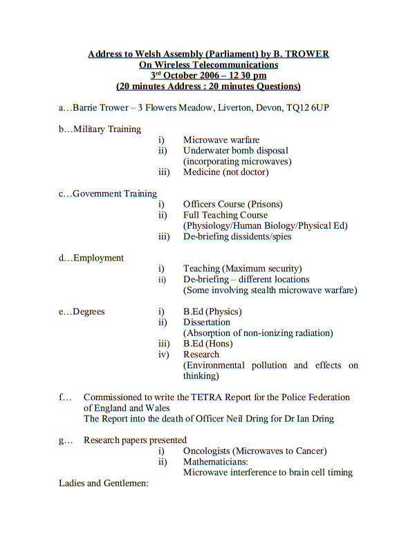 Declaration of Barrie Trower: Addendum A