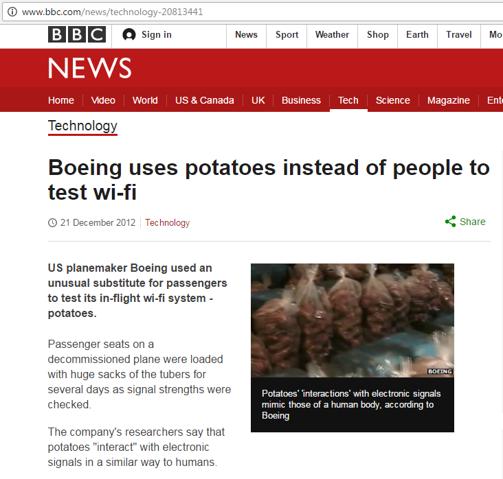 Boeing uses potatoes instead of people to test WiFi 1