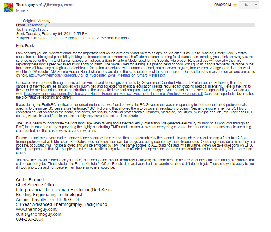 2014 02 04 Curtis Bennett to Frank Clegg, C4ST.org Causation linking the frequencies to adverse health effects