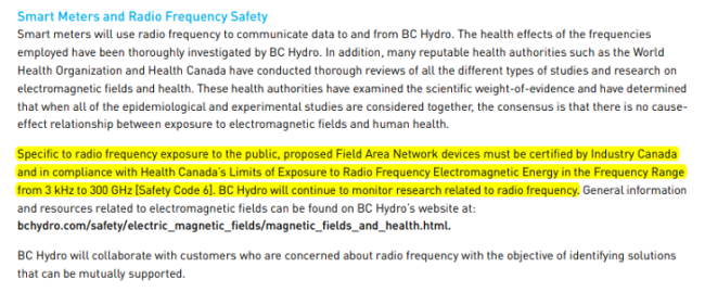  BC Utilities Commission states on highlighted area of Page 19 they must be in compliance with Safety Code 6