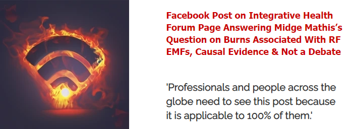 Facebook Post on Integrative Health Forum Page Answering Midge Mathis’s Question on Burns Associated With RF EMFs, Causal Evidence & Not a Debate