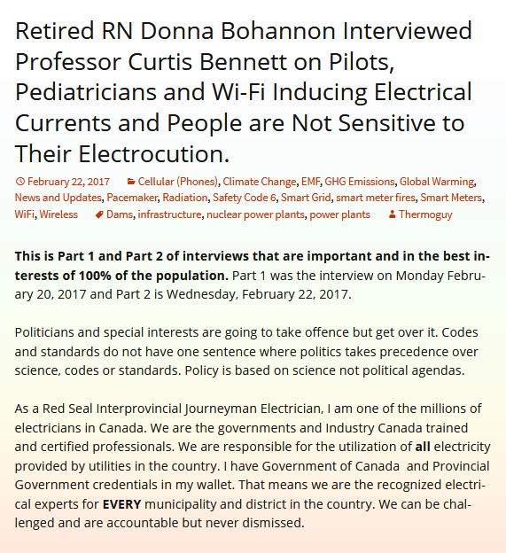 Retired RN Donna Bohannon Interviewed Professor Curtis Bennett on Pilots, Pediatricians and Wi-Fi Inducing Electrical Currents and People are Not Sensitive to Their Electrocution.