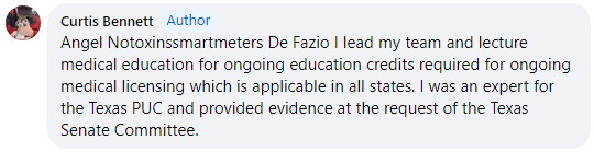 I lead my team and lecture medical education for ongoing education credits required for ongoing medical licensing which is applicable in all states. I was an expert for the Texas PUC and provided evidence at the request of the Texas Senate Committee. September 15, 2014, 13:39 Eastern Time