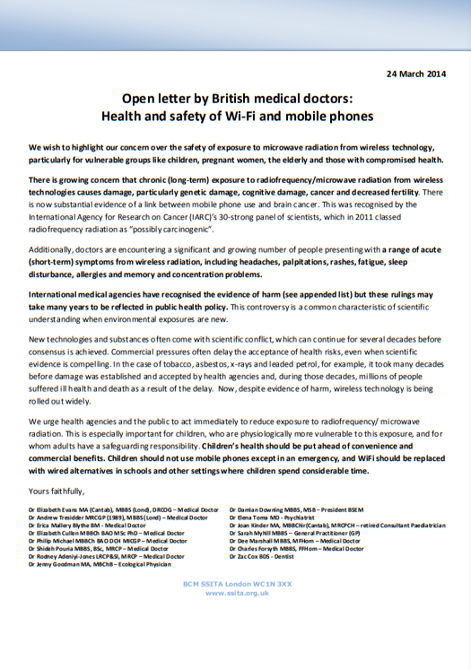2014 03 24 Open letter by UK medical doctors: Health and safety of Wi-Fi and mobile phonespen letter by UK medical doctors: Health and safety of Wi-Fi and mobile phones Open letter by UK medical doctors: Health and safety of Wi-Fi and mobile phones, p1