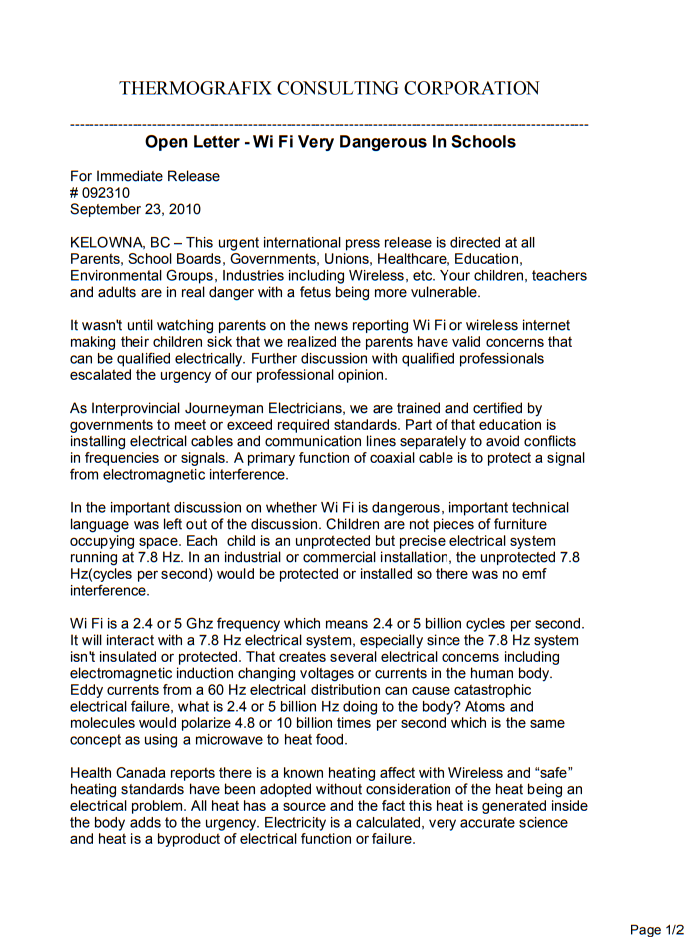 Open Letter - Wi Fi Very Dangerous In Schools p1